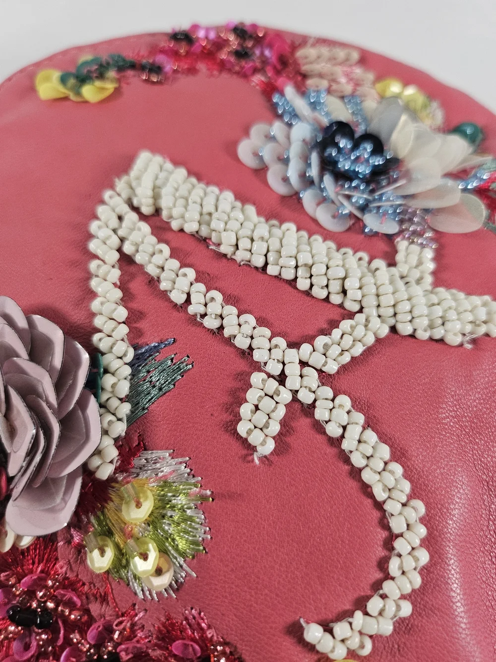 Anna Harlow Russo x Anthropologie Coral Pink Beaded 'A' Floral Tassel RoundPouch